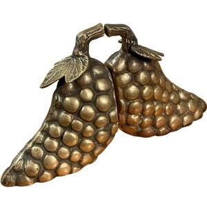 Vintage Heavy Solid Brass Grape Cluster Bookends Pair Mid Century Modern Decor